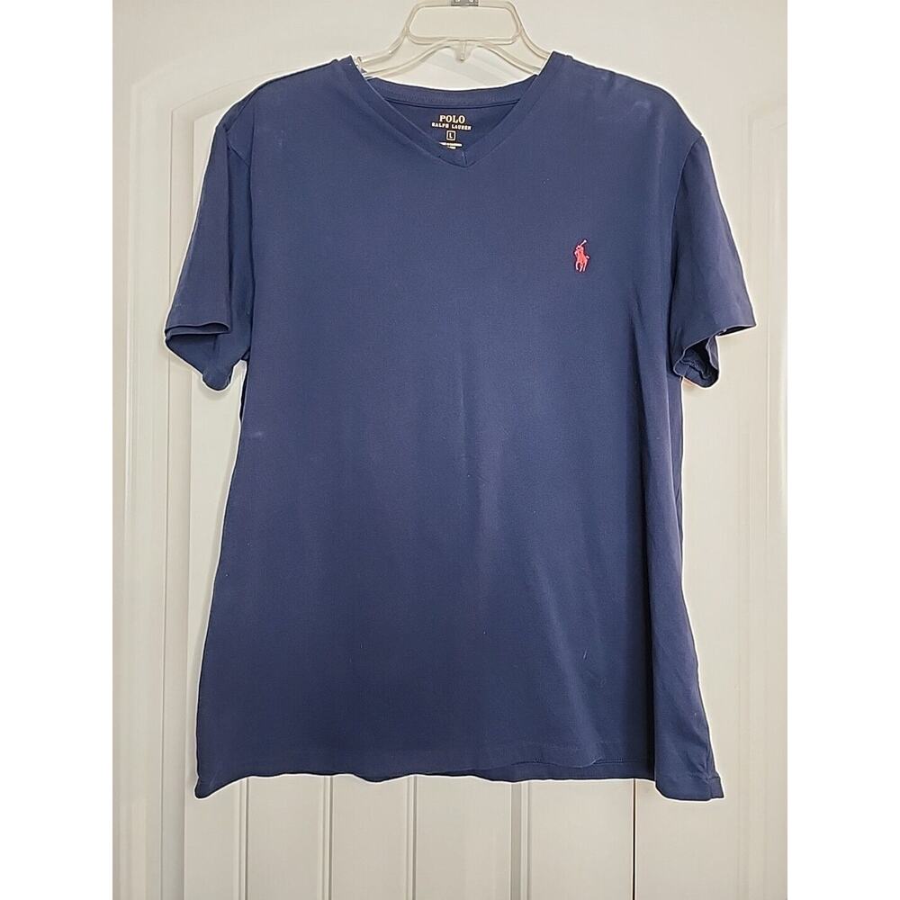 Polo Ralph Lauren Short Sleeve Vneck Navy Red Pony Size Large Mens